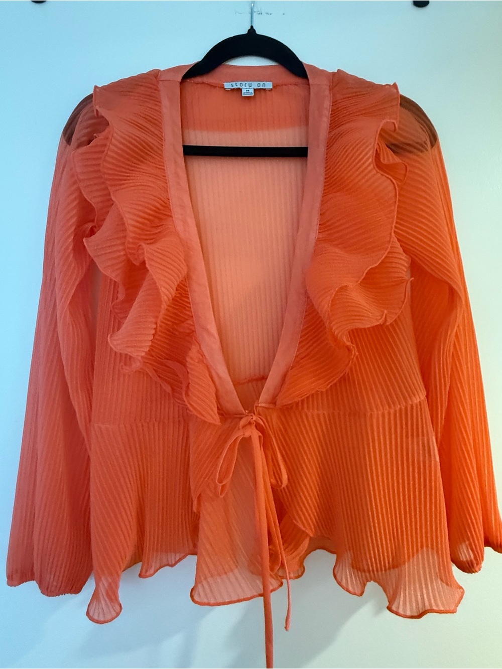 “Story On Women’s Medium Sheer Pleated Ruffle Blouse Cardigan Coral Orange